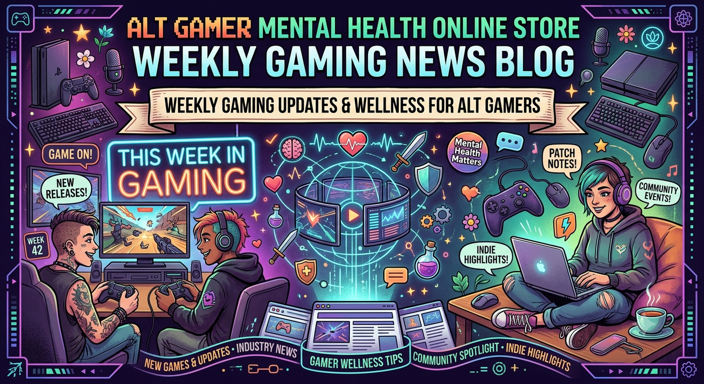 Banner for Alt Gamer Mental Health Online Store Weekly Gaming News Blog featuring gamers, video game graphics, and wellness icons.