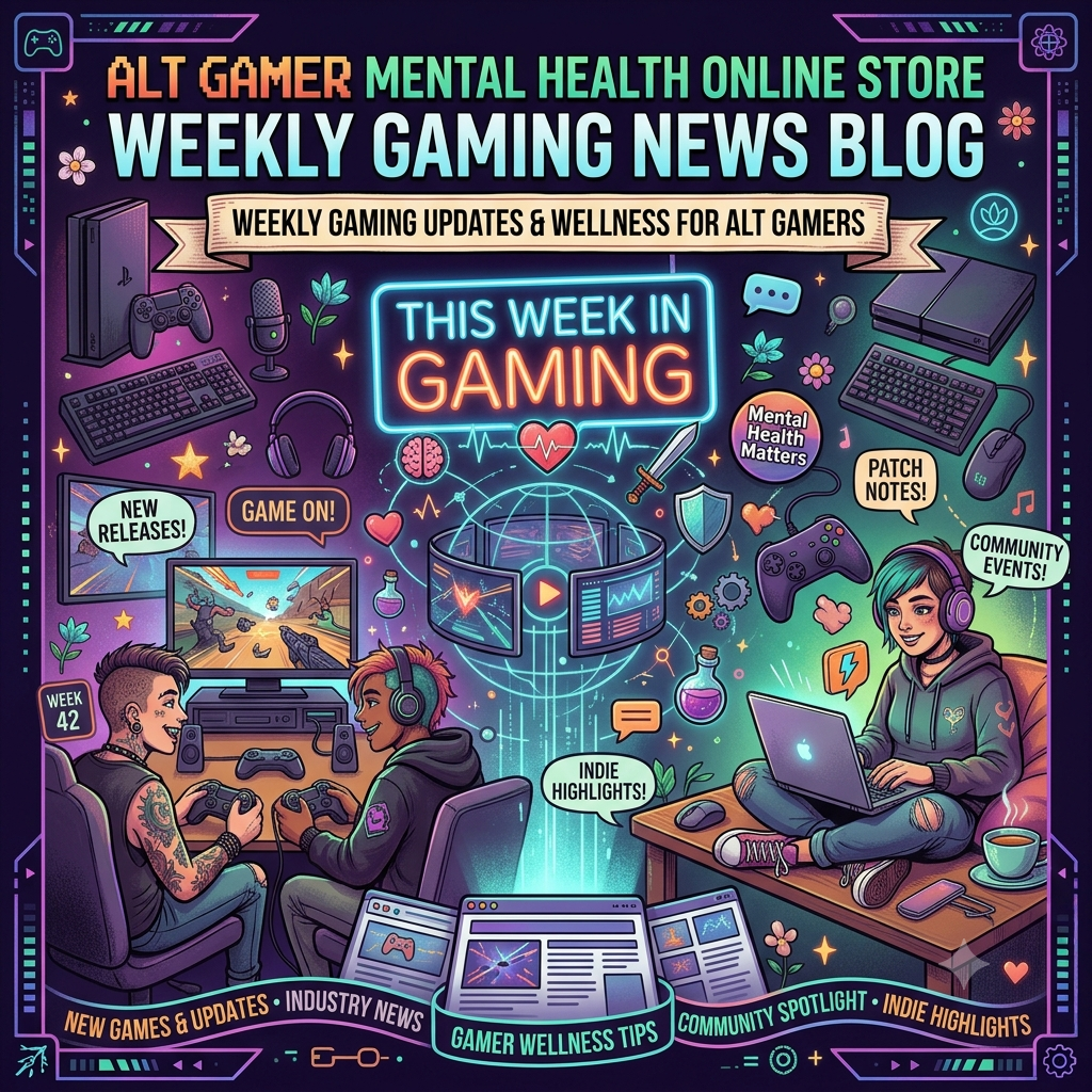 Banner for Alt Gamer Mental Health Online Store Weekly Gaming News Blog featuring gamers, video game graphics, and wellness icons.