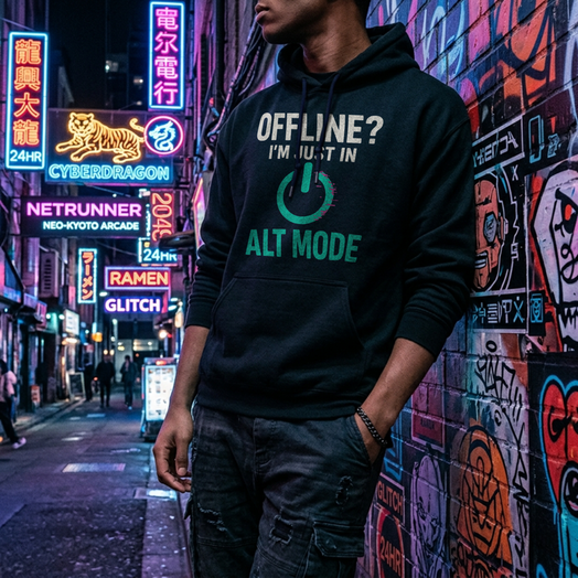 Gamer Mind Health Hoodie worn by a man in a neon graffiti alley, featuring OFFLINE? I'M JUST IN and ALT MODE graphics.