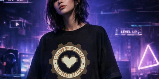 NEW bold tee with circular badge, pixel heart, Leveling Up My Mental, One Stage At A Time, worn by a model.