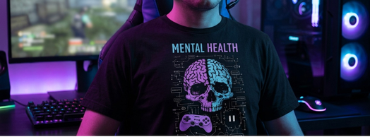Home page hero: gamer wearing a black Alt n Vibe tee with a 'MENTAL HEALTH' skull graphic in a neon-lit gaming setup.