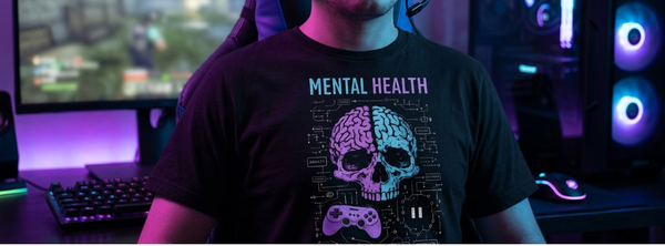 Home page hero: gamer wearing a black Alt n Vibe tee with a 'MENTAL HEALTH' skull graphic in a neon-lit gaming setup.