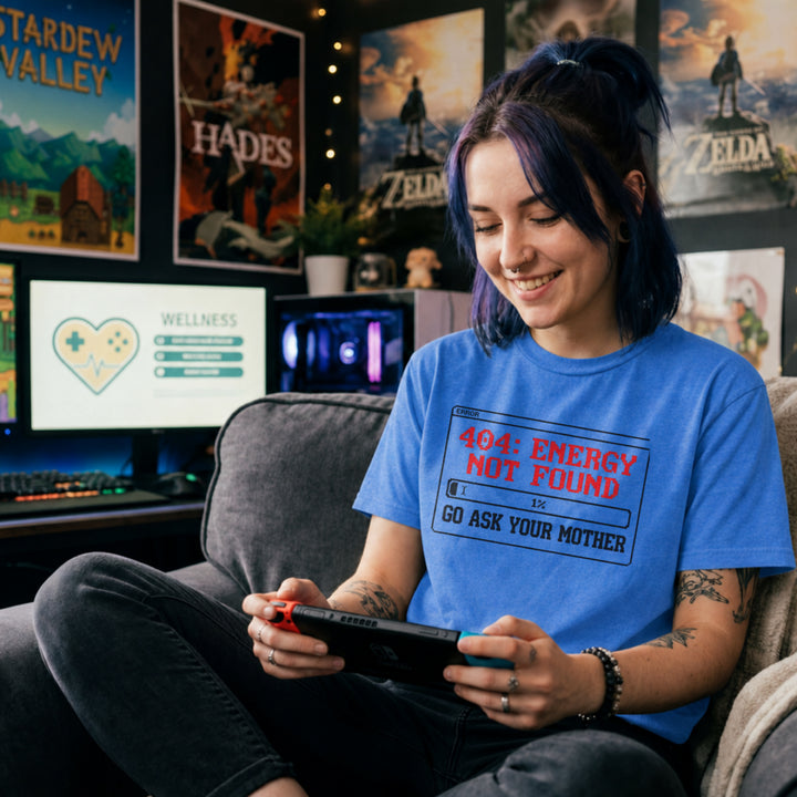 Translation missing: en.Heather heather t-shirt with a pixel error box graphic reading 404 Energy Not Found 1% battery and Go Ask Your Mother