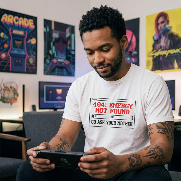 Translation missing: en.White t-shirt with a pixel error box graphic reading 404 Energy Not Found 1% battery and Go Ask Your Mother
