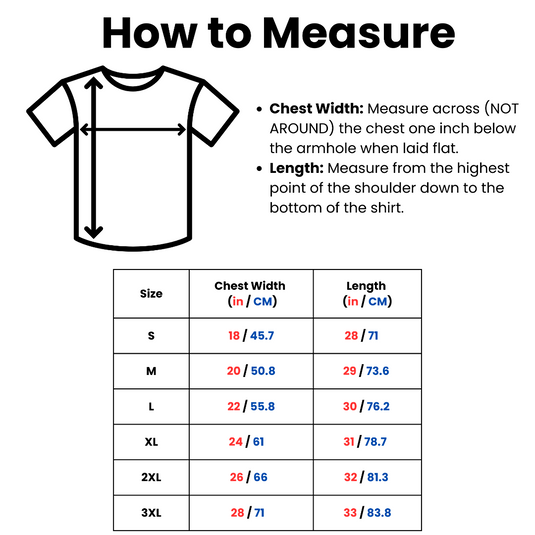 Translation missing: en.Measurement guide for T-shirts with a diagram and size chart