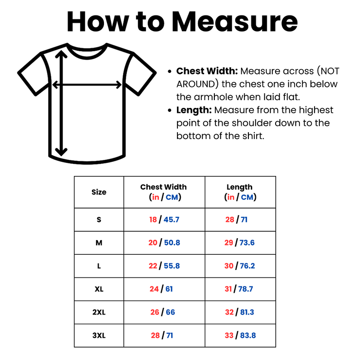 Translation missing: en.Measurement guide for T-shirts with a diagram and size chart