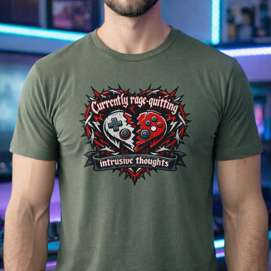 Translation missing: en.Military green t-shirt featuring a broken controller heart with text: Currently rage-quitting intrusive thoughts