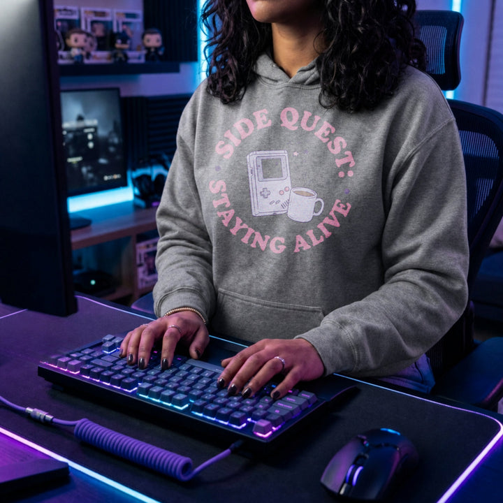 Translation missing: en.Sports Grey Pullover Hoodie Kawaii Retro Handheld Gamer Graphic reading, Side Quest: Staying Alive 