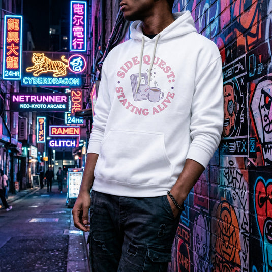 Translation missing: en.White Pullover Hoodie Kawaii Retro Handheld Gamer Graphic reading, Side Quest: Staying Alive 