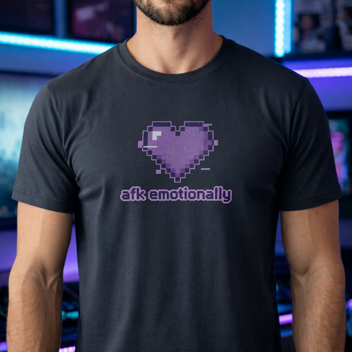 Translation missing: en.Heather navy t-shirt featuring a purple pixel art glitch heart with lowercase text reading afk emotionally