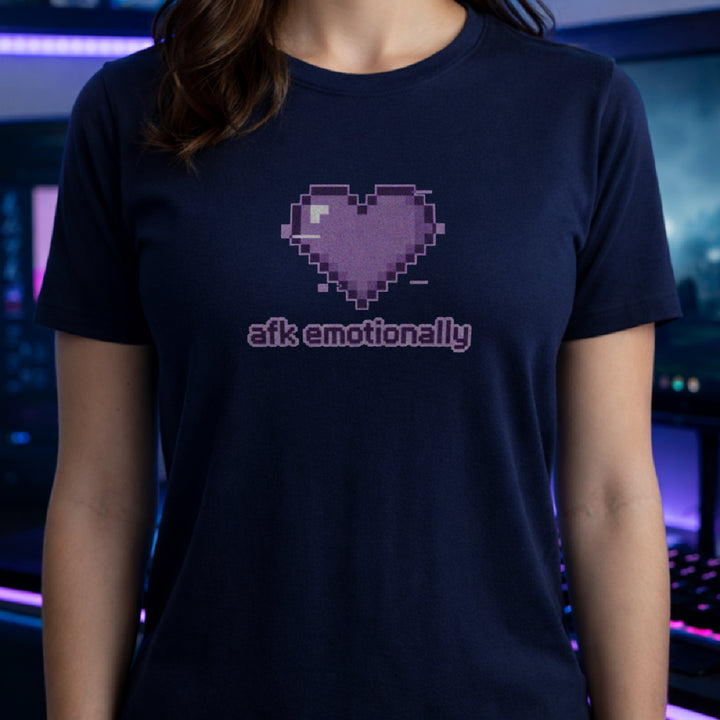 Translation missing: en.Navy t-shirt featuring a purple pixel art glitch heart with lowercase text reading afk emotionally