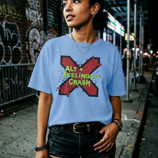 Translation missing: en.Carolina blue t-shirt with a red glitch X graphic and dripping green text reading ALT + FEELINGS = CRASH