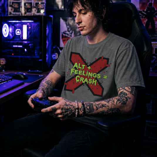 Translation missing: en.Graphite heather t-shirt with a red glitch X graphic and dripping green text reading ALT + FEELINGS = CRASH