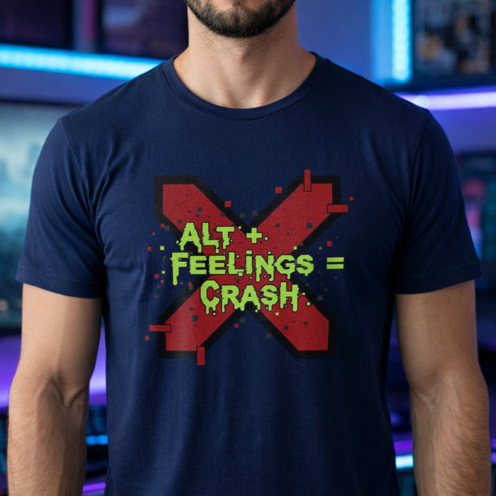 Translation missing: en.Alt n Vibe navy t-shirt with a red glitch X graphic and dripping green text reading ALT + FEELINGS = CRASH