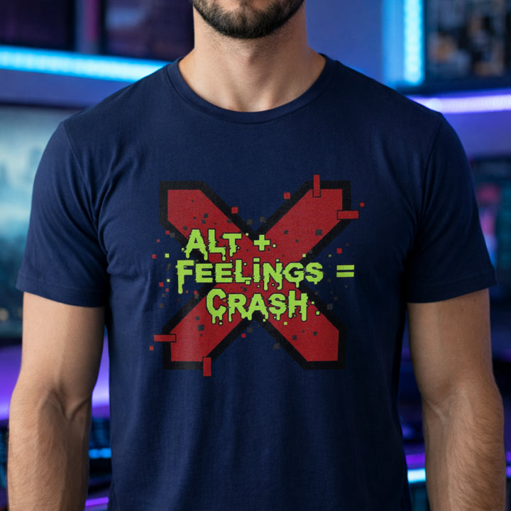 Translation missing: en.Navy t-shirt with a red glitch X graphic and dripping green text reading ALT + FEELINGS = CRASH