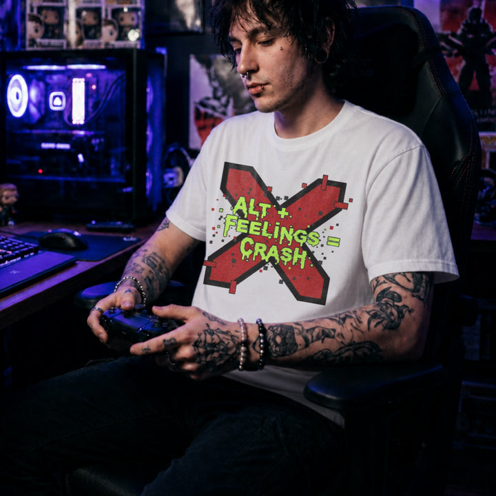 Translation missing: en.White t-shirt with a red glitch X graphic and dripping green text reading ALT + FEELINGS = CRASH