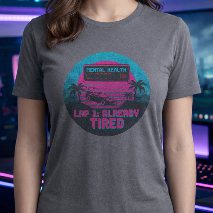 Translation missing: en.Graphite Heather Cotton Tee With Neon Retro Synthwave Pixelated graphic Text, "Mental Health 1% Lap 1 Already Tired"