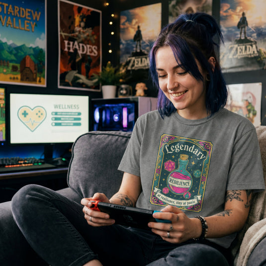 Translation missing: en.Graphite heather cotton tee with dice and resilience potion tarot card graphic and text, "Legendary at resilience, tiny at panic"