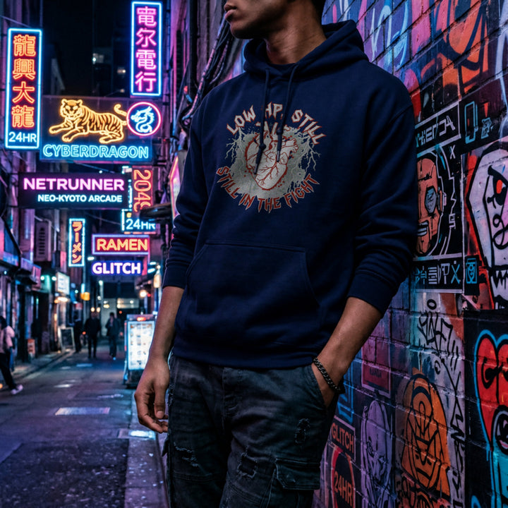 Translation missing: en.Navy pullover hoodie with heart graphic text, LOW HP STILL IN THE FIGHT