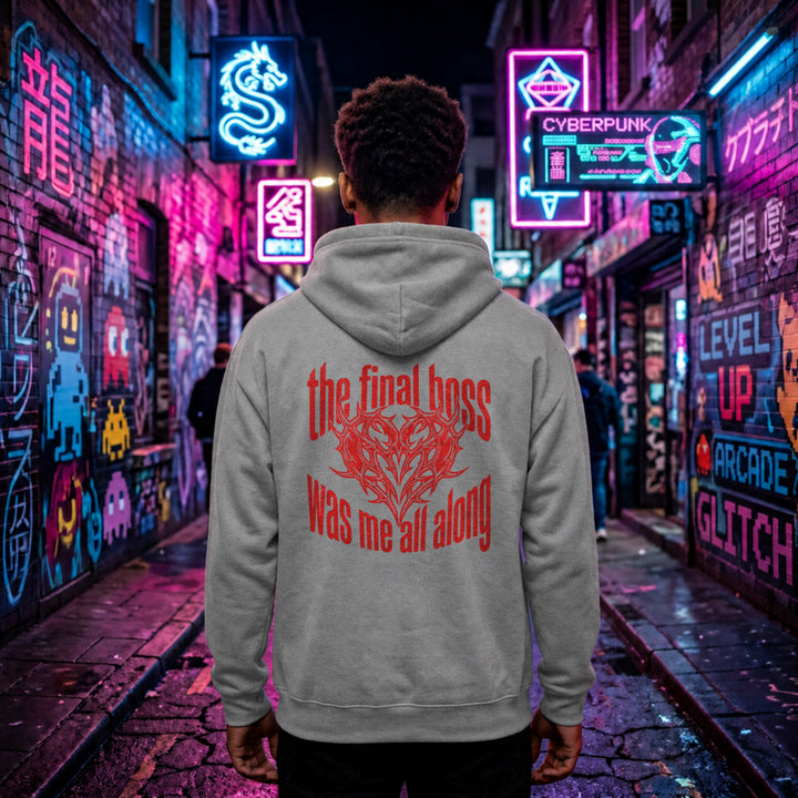 Translation missing: en.Sports grey back print pullover hoodie with  Tribal Heart Gamer graphic and text, The Final Boss Was Me 