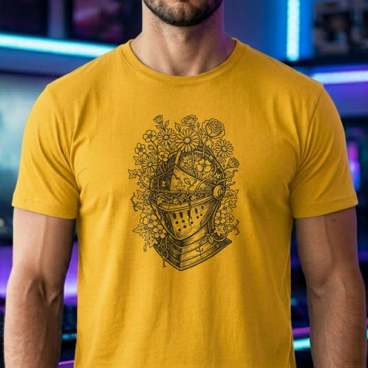 Translation missing: en.Daisy t-shirt graphic showing a medieval knight helmet overgrown with flowers and thorny vines