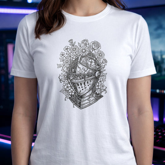 Translation missing: en.White t-shirt graphic showing a medieval knight helmet overgrown with flowers and thorny vines
