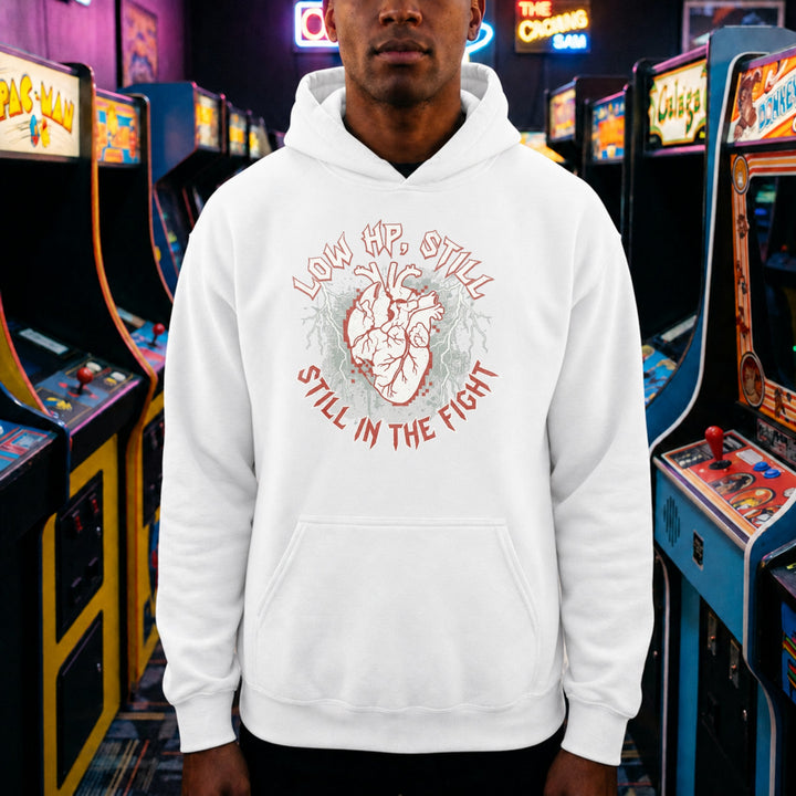 Translation missing: en.White pullover hoodie with heart graphic text, LOW HP STILL IN THE FIGHT