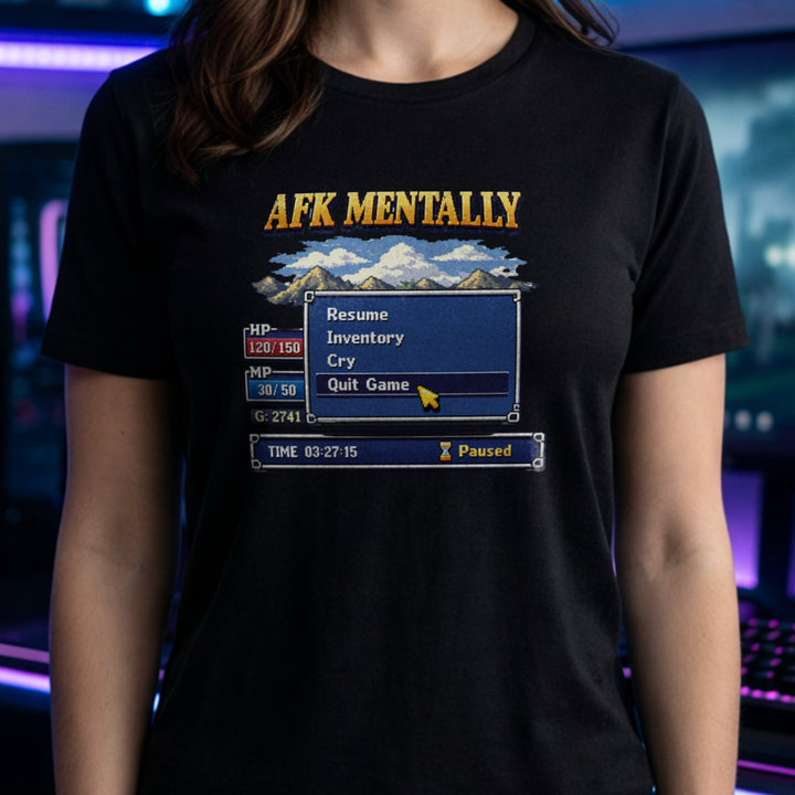 Translation missing: en.Black tee with gold AFK Mentally text over a pixel art retro RPG menu box with a cursor hovering on Quit Game