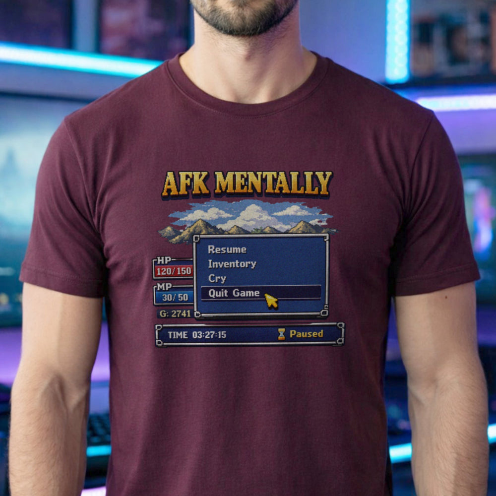 Translation missing: en.Alt n Vibe maroon tee with gold AFK Mentally text over a pixel art retro RPG menu box with a cursor hovering on Quit Game