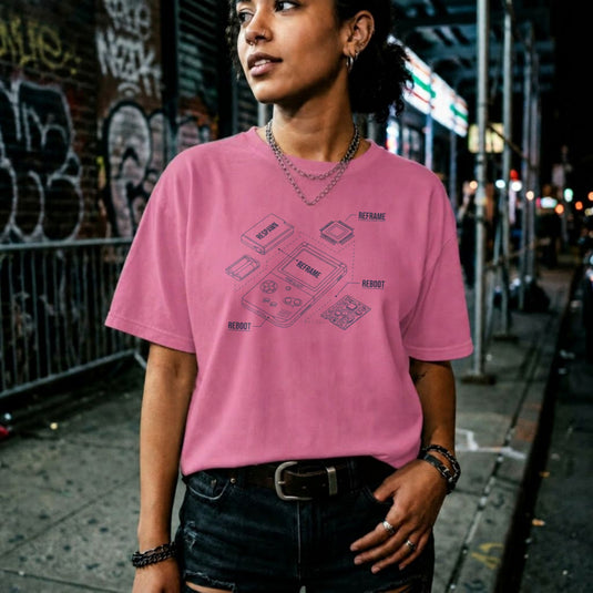 Translation missing: en.Azalea t-shirt with a blue retro handheld console blueprint graphic labeled Respawn, Reframe, and Reboot