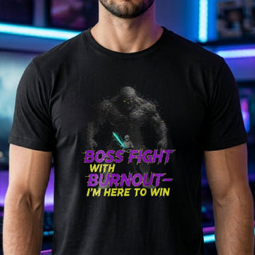 Translation missing: en.Black t-shirt with a glowing warrior facing a giant monster and purple text reading Boss Fight With Burnout