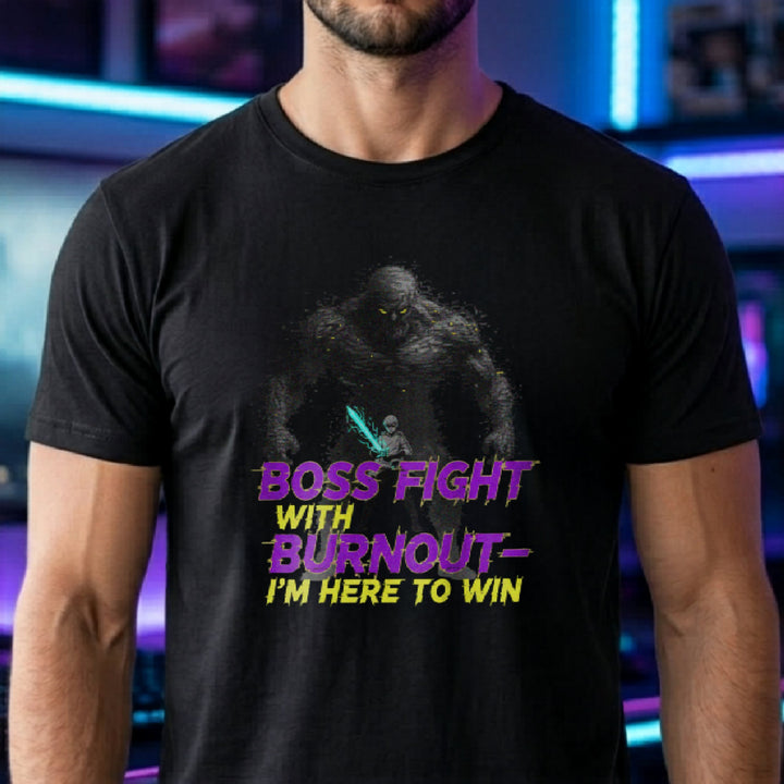 Translation missing: en.Black t-shirt with a glowing warrior facing a giant monster and purple text reading Boss Fight With Burnout