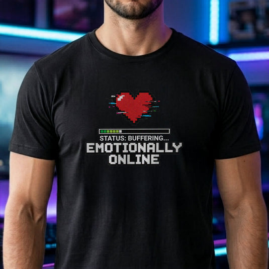 Translation missing: en.Black Emotionally Online Gamer Tee With Retro Pixel Art Glitching Heart And Loading Bar