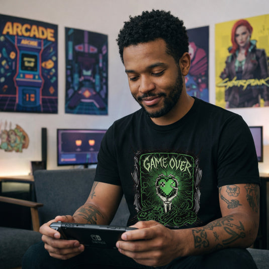 Translation missing: en.Black cotton tee with graphic of a bone hand holding heart in pixel art style and text "GAME OVER"