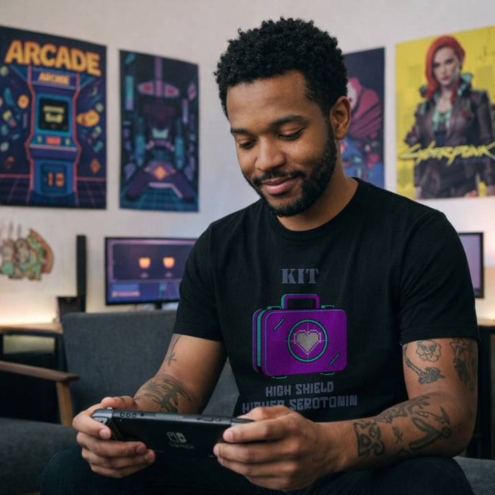 Translation missing: en.Black cotton tee with heart loot drop case graphic and text, HIGH SHIELD HIGHER SEROTONIN