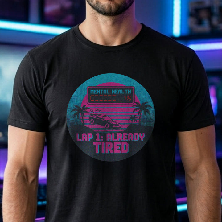 Translation missing: en.Black Cotton Tee With Neon Retro Synthwave Pixelated graphic Text, "Mental Health 1% Lap 1 Already Tired"