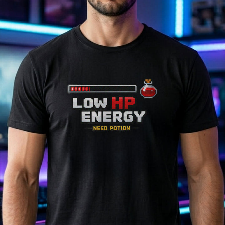 Translation missing: en.Black cotton tee health bar and potion graphic with text, LOW HP ENERGY NEED POTION 