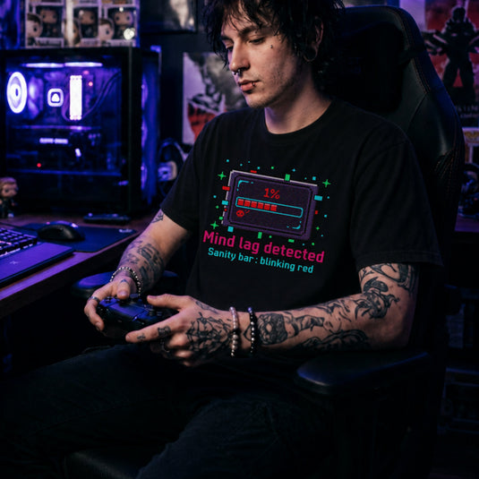 Translation missing: en.Black Cotton tee health bar box graphic text reading, "Mind lag detected" sub text Sanity Bar: blinking red 