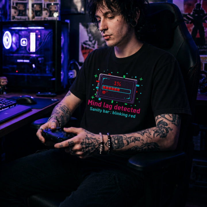 Translation missing: en.Black Cotton tee health bar box graphic text reading, "Mind lag detected" sub text Sanity Bar: blinking red 