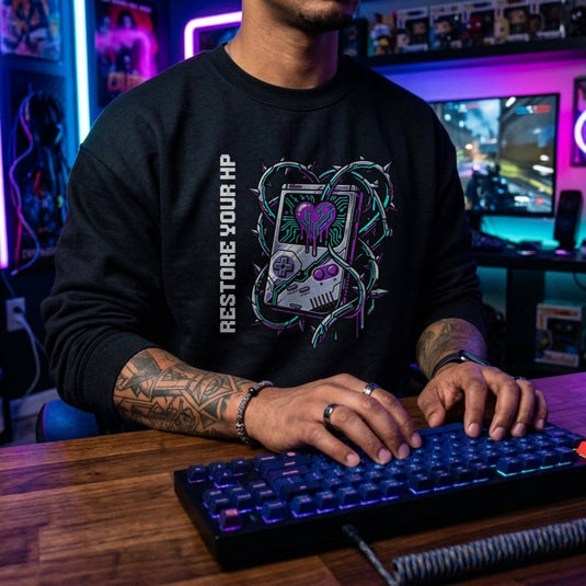 Translation missing: en.Black Crewneck Sweatshirt With Retro Handheld Heart Graphic Reading, Restore Your HP 