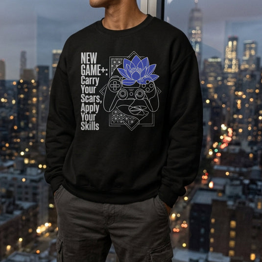 Translation missing: en.Black Crewneck Sweatshirt  Gamer Controller serene blue lotus Graphic With Text, New Game Plus
