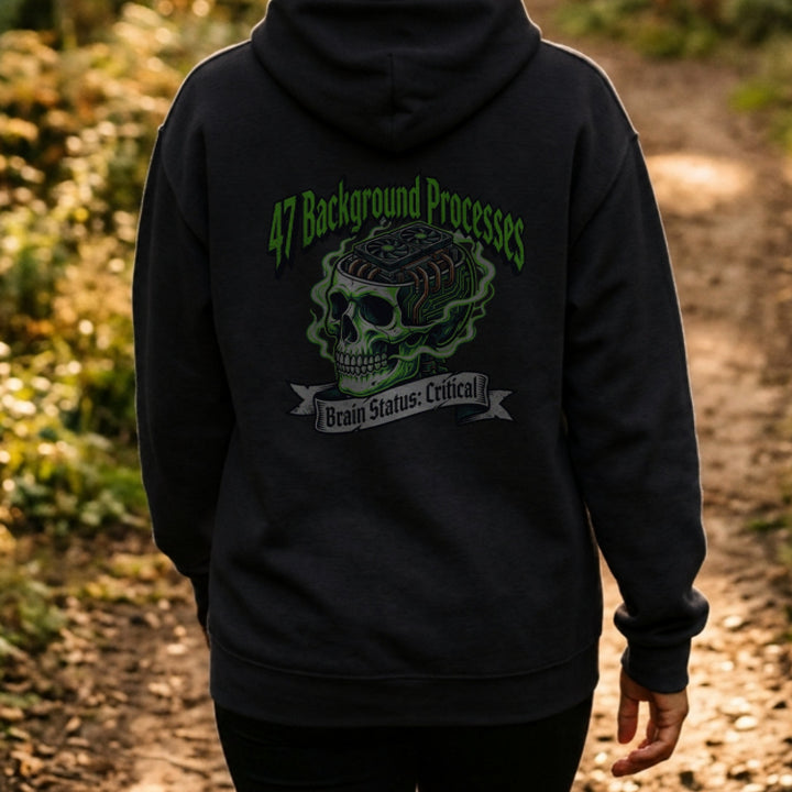 Translation missing: en.Black Back Print Pullover Hoodie Overheating Skull Text Reading 47 Background Processes 
