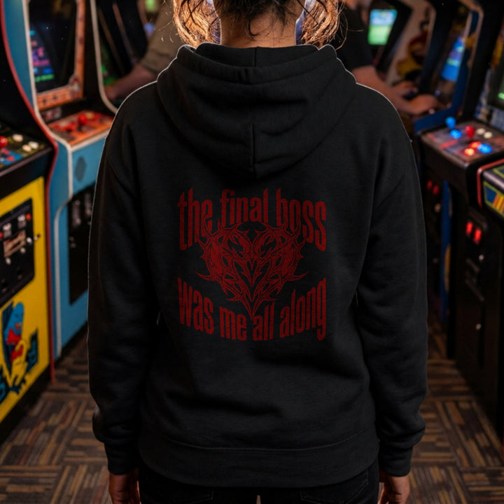 Translation missing: en.Black back print pullover hoodie with  Tribal Heart Gamer graphic and text, The Final Boss Was Me 