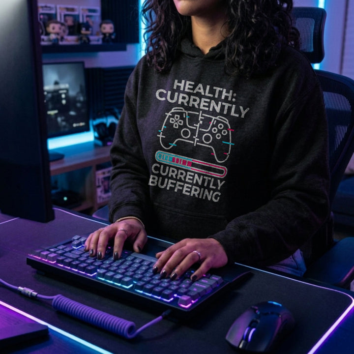 Translation missing: en.Black Glitch Controller Gamer Graphic Pullover Hoodie Text, Reading Health Currently Buffering