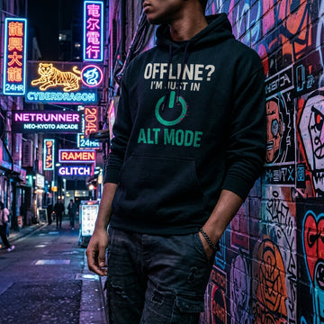 Translation missing: en.Black hoodie with Cyberpunk Glitch Power Symbol the text OFFLINE? I'M JUST ALT MODE