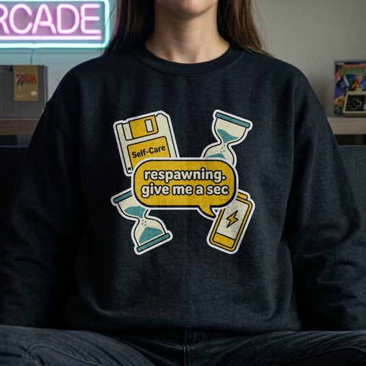 Translation missing: en.Black Crewneck Sweatshirt Self Care Floppy Disk Graphic With Text Respawning Give Me A Sec