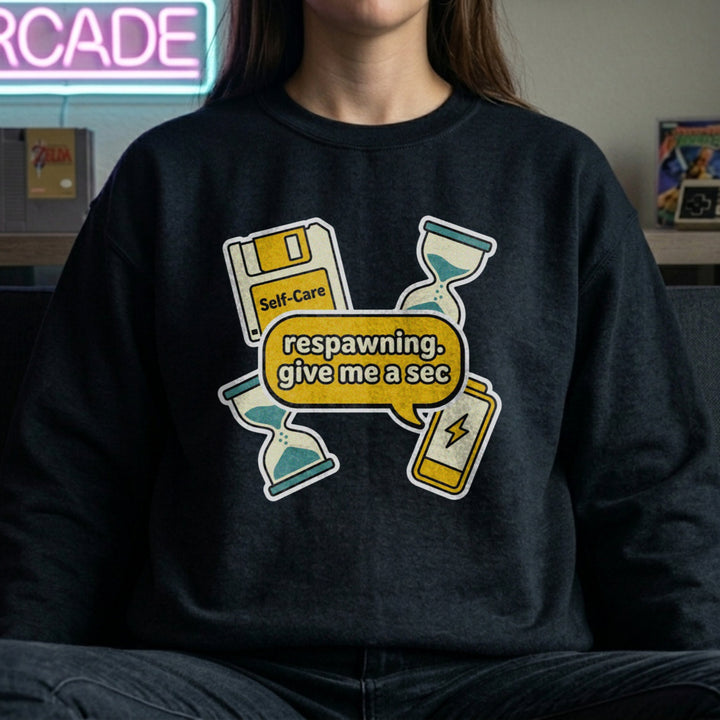 Translation missing: en.Black Crewneck Sweatshirt Self Care Floppy Disk Graphic With Text Respawning Give Me A Sec