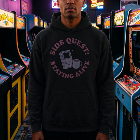 Translation missing: en.Black Pullover Hoodie Kawaii Retro Handheld Gamer Graphic reading, Side Quest: Staying Alive 