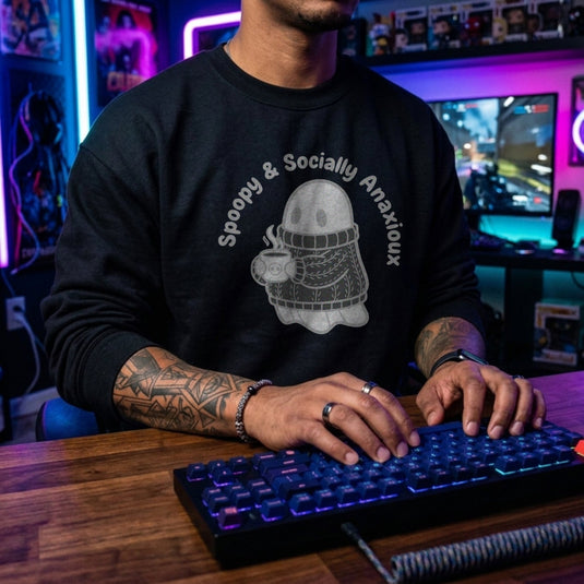 Translation missing: en.Black Crewneck Sweatshirt Ghost Graphic Text Reading Spoopy &amp; Socially Anxious 
