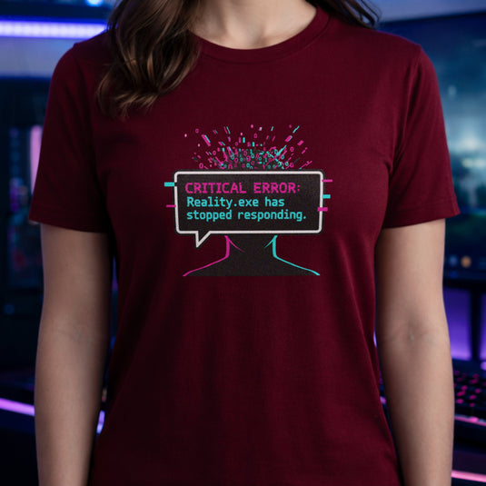 Translation missing: en.Cardinal red graphic tee with glitch art text box reading CRITICAL ERROR: Reality.exe has stopped responding